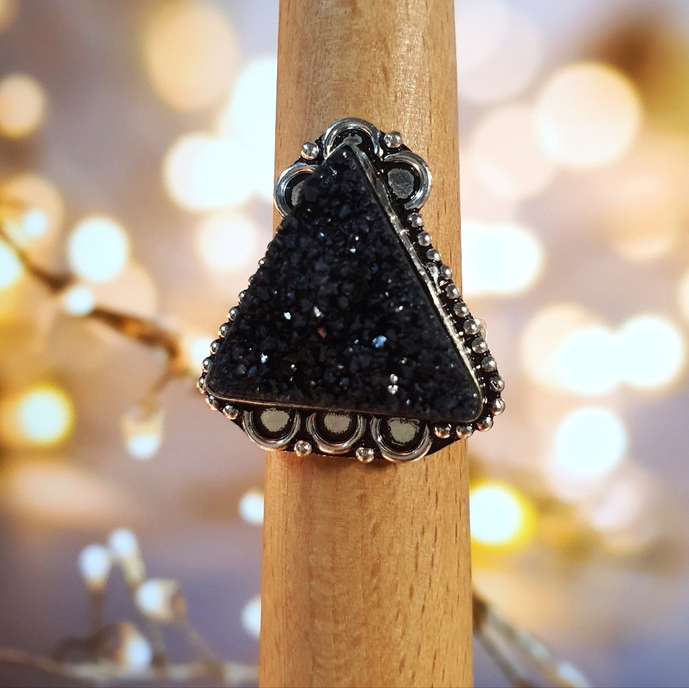 Black Titanium Druzy Gemstone Sterling Silver Plated Ring Size 9